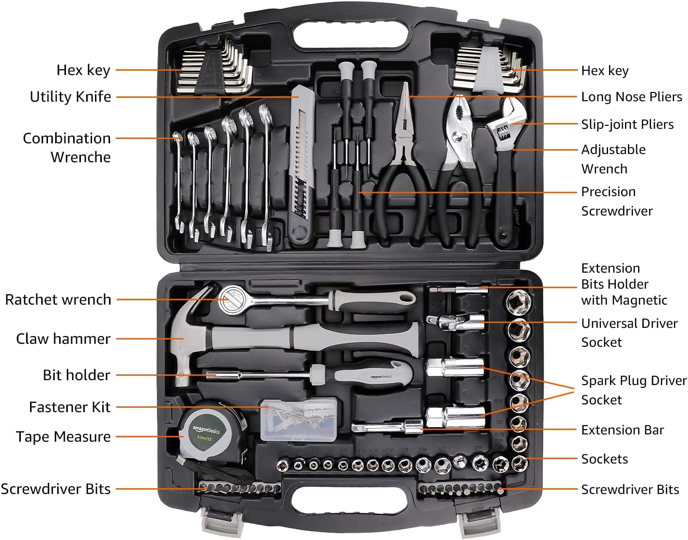 Amazon Basics 173-Piece General Household Hand Tool Set with Storage Case, Portable Tool Kit for Home Maintenance and Everyday Repairs
