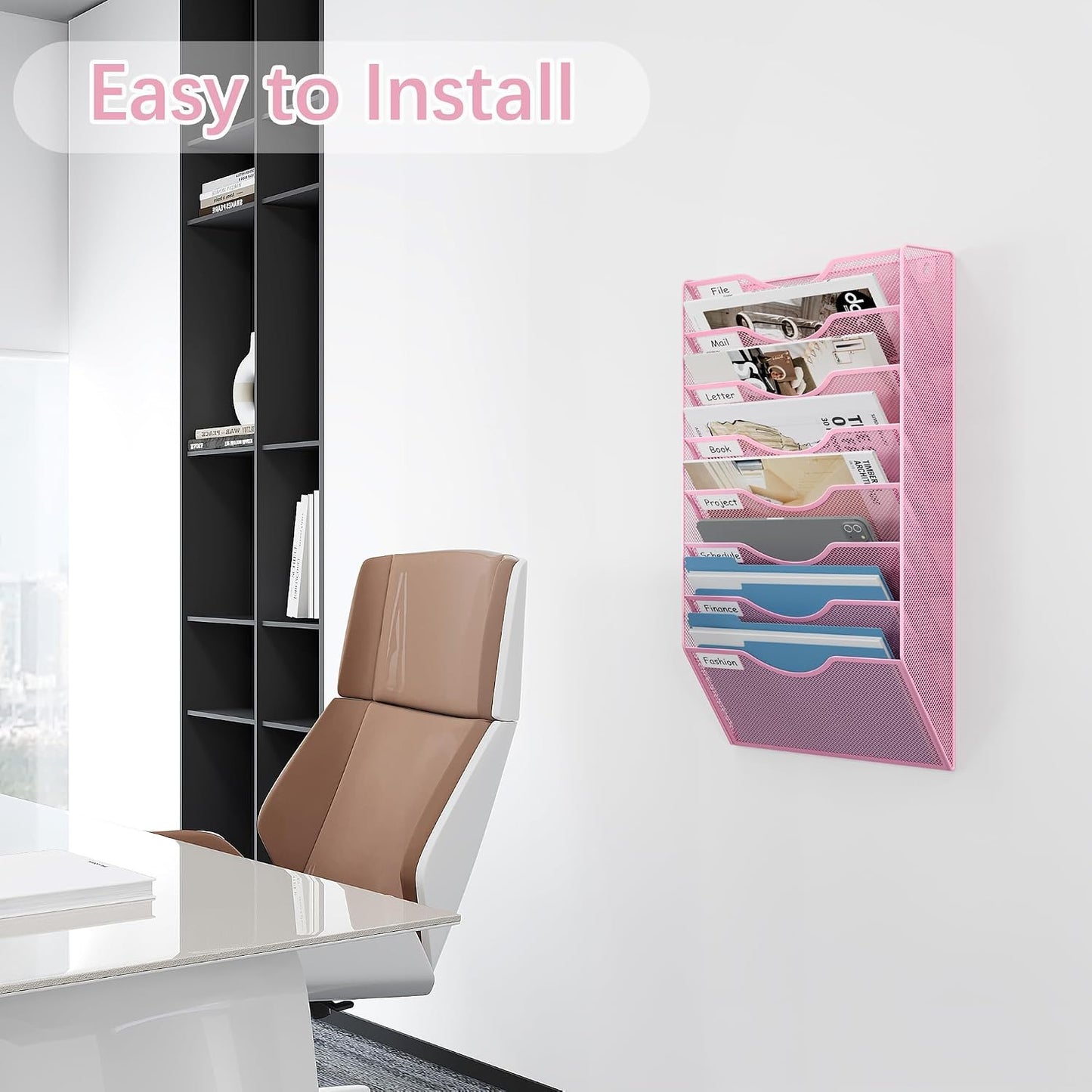 EasyPAG 5 Pocket Mesh Wall File Organizer with Key Hooks, Hanging Paper Folder Holder with Classify Label, Vertical Wall Mount Mail Organizer for Office Home Classroom, Black
