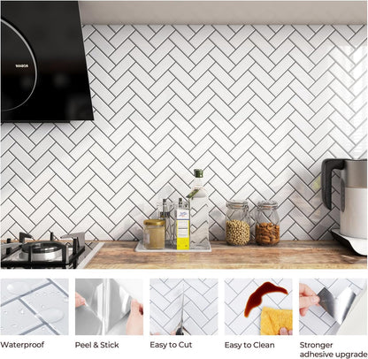 FunStick White Herringbone Peel and Stick Backsplash for Kitchen 12"x12" Peel and Stick on Backsplash Tile Stickers Self Adhesive Wall Tiles for Kitchen Bathroom Shower RV Waterproof Back Splash 5 Pcs