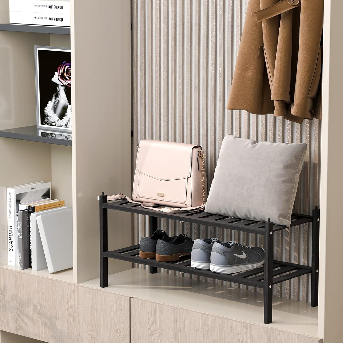 Dranixly Shoe Rack, 2-Tier Bamboo Stackable Shelf Storage Organizer, Stand for Closet, Entryway, Hallway, Bathroom and Living Room（Natural）