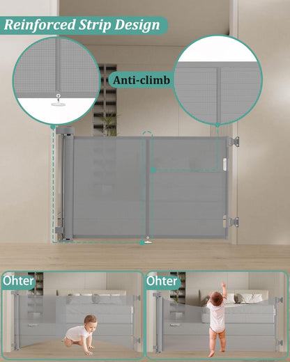 Miumoon 50 inch Retractable Baby Gates 34 inch Tall, Retractable Gate with Reinforced Strip Design to Prevent Crawling Through, Retractable Dog Gate for Stairs, Doorways, Hallways