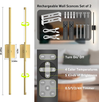 iThird Battery Operated Wall Sconces Set of 2: 10000mAh Rechargeable Wall Lights with Remote Control, 360° Rotate Wireless Wall Scone Decor for TV/Mirror Bedroom Living Room, 31.5 Inch, Black