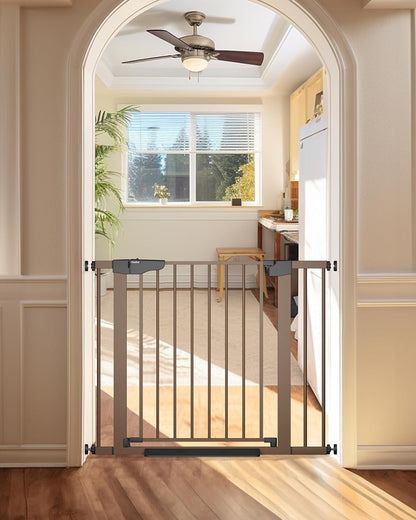 Cumbor 29.7-48" Baby Gate for Stairs, Mom's Choice Awards Winner-Dog Gate for Doorways, Auto Close Safety Pet Gate for Dogs Indoor, Easy Install Pressure Mounted Child Gate with Walk Thru Door, Brown