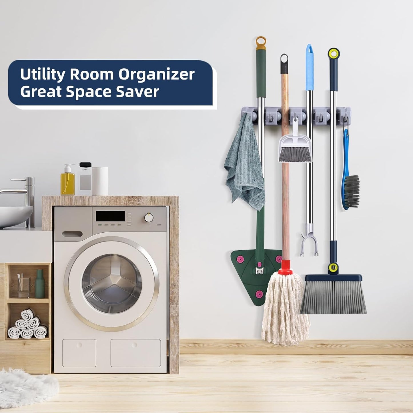 Mop And Broom Holder Wall Mount Cleaning Supplies Organizer For Closet | Laundry Room Garden Tool Hangers For Garage Wall Hanging Rack Utility Shop Organization And Storage