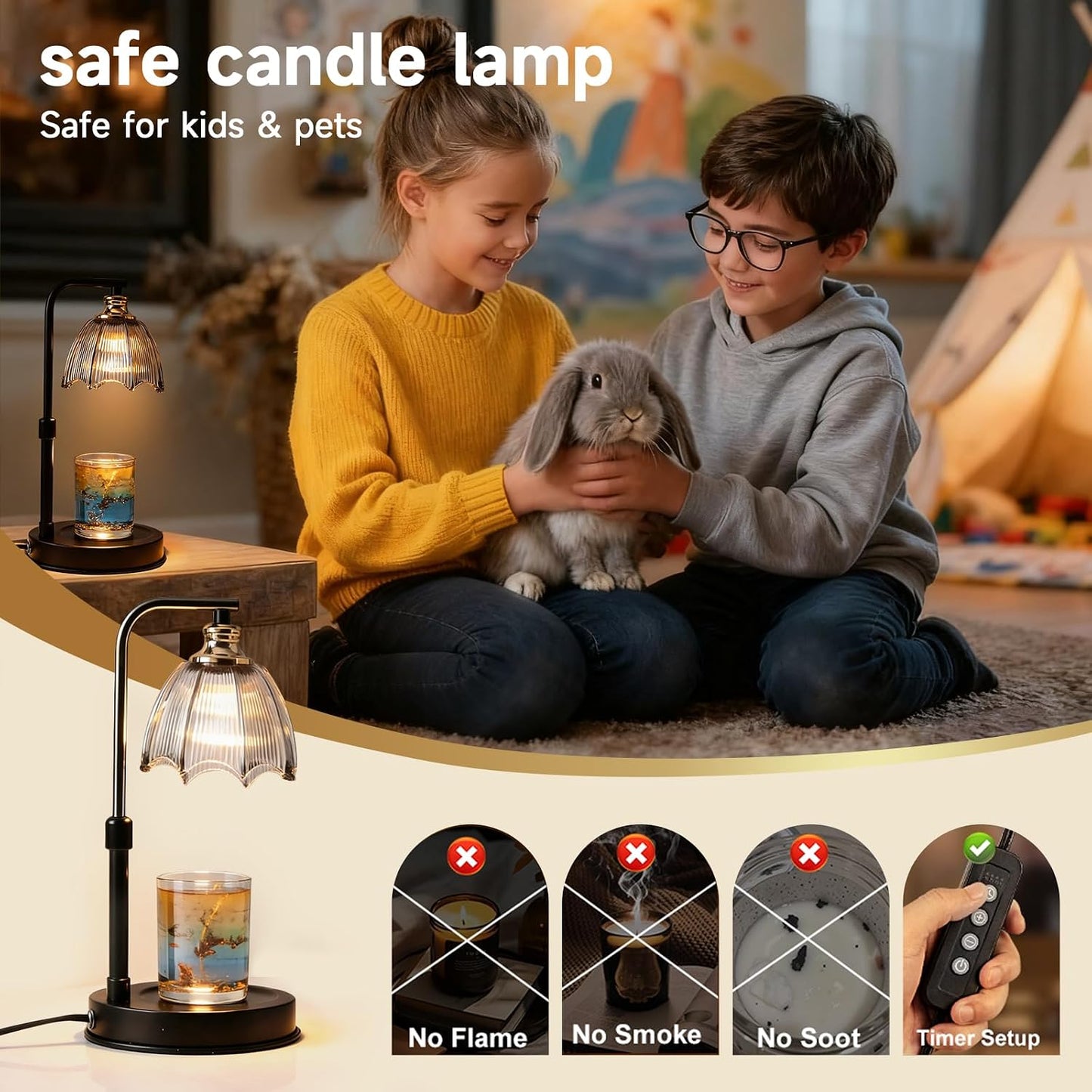 Candle Warmer Lamp with Timer, Dimmer, Vintage Glass Shade | Adjustable height, 2/4/8-hour timer, wood base, 2 bulbs included