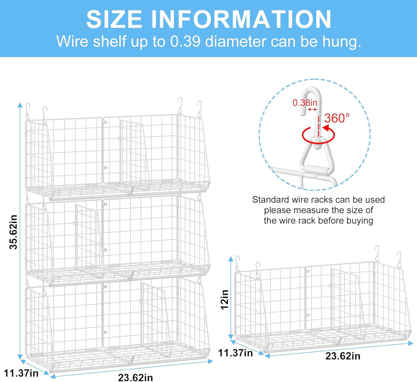 4-Tier Hanging Laundry Room Organizer: Foldable Wire Shelf Basket with 2 Large Hooks 1.65" & 360°Rotating Hooks – Space-Saving Laundry Storage Basket, for Wardrobe Closet Storage, White Patent