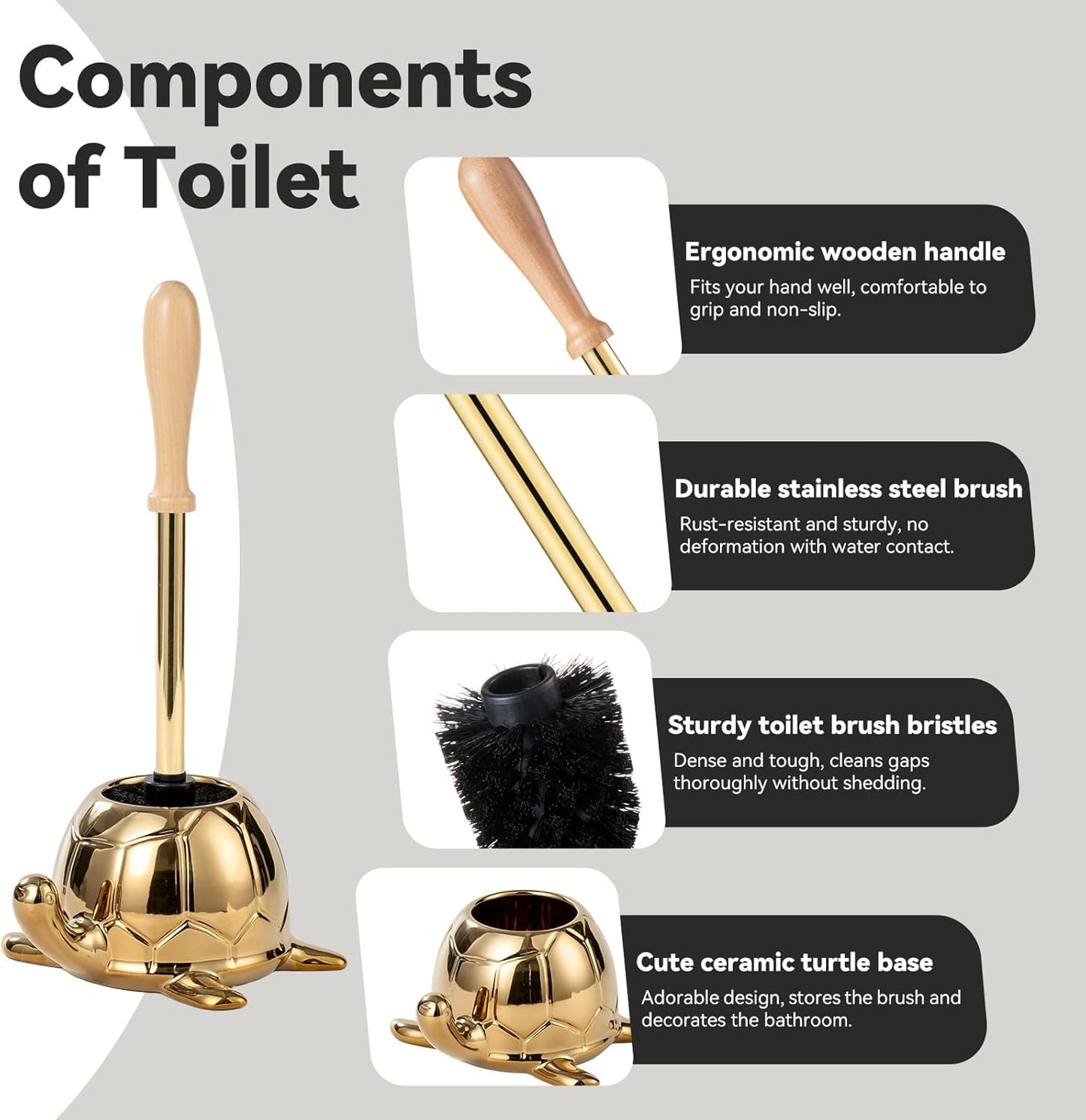 Toilet Brush and Holder Set, Ceramic Turtle Base Toilet Brush Set - 7.5” Bowl Cleaner, Toilet Scrubber Brush with Ergonomic Handle (Silver)