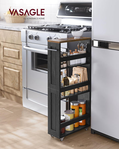VASAGLE 4-Tier Slide-Out Storage Cart, Slim Kitchen Cart for Small Spaces, with Wheels, Handle, Bathroom, Laundry Room, 5.9 x 17 x 34.1 Inches, Rustic White and Honey Brown ULRC050K01