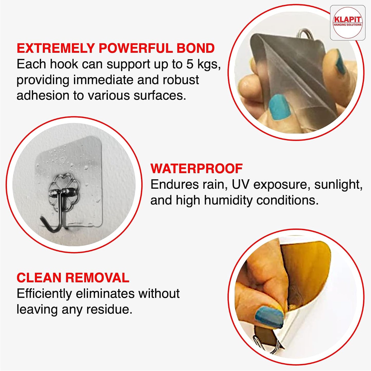 KLAPiT Super Hook - Heavy-Duty Adhesive Clear Wall Hooks Made of Stainless Steel, Holds up to 11 lbs, Waterproof, No Damage, Easy Install on Tile, Wood, Stone, Glass & Metal (Clear, 8pc)