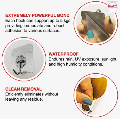 KLAPiT Super Hook - Heavy-Duty Adhesive Clear Wall Hooks Made of Stainless Steel, Holds up to 11 lbs, Waterproof, No Damage, Easy Install on Tile, Wood, Stone, Glass & Metal (Clear, 8pc)