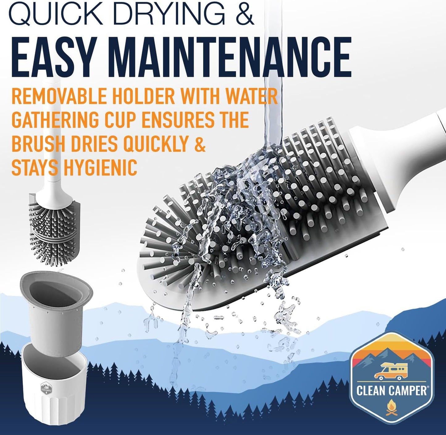 RV Toilet Brush by Clean Camper – Wall-Mounted Set, Silicone, Scratch-Free Dual-Sided Head, Quick-Drying Holder, Compact & Durable Set with Strong Adhesive Mount for RV & Camper Toilets