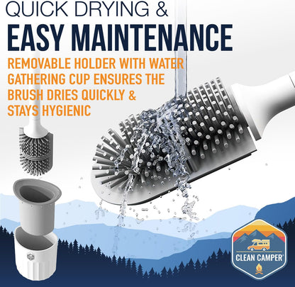 RV Toilet Brush by Clean Camper – Wall-Mounted Set, Silicone, Scratch-Free Dual-Sided Head, Quick-Drying Holder, Compact & Durable Set with Strong Adhesive Mount for RV & Camper Toilets