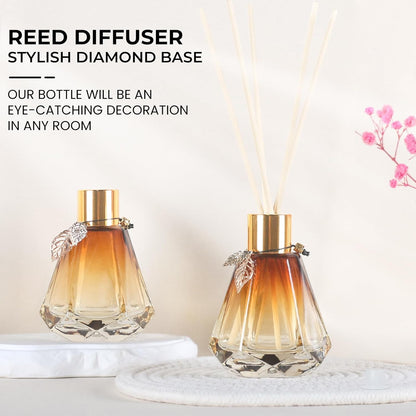 Reed Diffuser Set - 4 Empty Bottles with 20 Sticks, Delicate Gold Leaf Decor, Glass Fragrance Diffuser with Lids for Home, Bathroom | Refillable, Diamond Style (4 PCS Black)