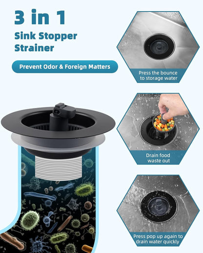 All Metal Sink Drain Strainer for Kitchen Sink, Universal Fit | Pop Up 3-in-1 Sink Stopper Drainer, 304 Stainless Steel Basket for US Standard 3-1/2 inch Drain Filter, Anti-clog