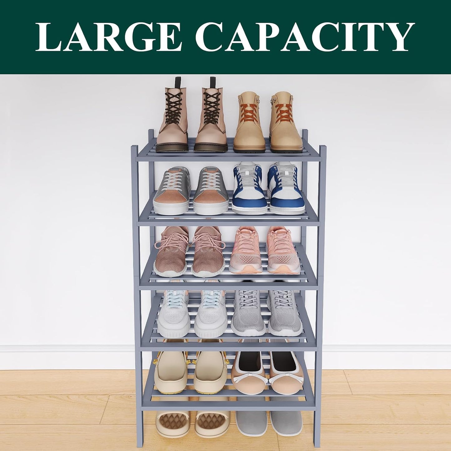 Smiry Bamboo Shoe Rack, 3 Tier Free Standing Wooden Shoe Organizer, Stackable Wood Shoe Storage Shelf for Closet, Entryway, 5 Horizontal Slats, 26.8"x11"x18.3", Natural