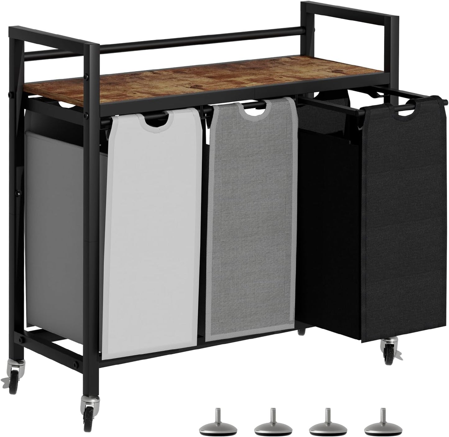 SwaaVee Laundry Sorter, Laundry Hamper 3 Section, 3×11.4Gal, Metal Frame Rolling Laundry Basket with Wooden Top Shelf, Pull out and Removable Laundry Bags, 3 Bags-Gray
