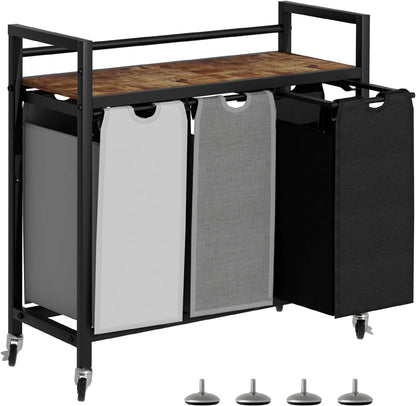 SwaaVee Laundry Sorter, Laundry Hamper 3 Section, 3×11.4Gal, Metal Frame Rolling Laundry Basket with Wooden Top Shelf, Pull out and Removable Laundry Bags, 3 Bags-Gray