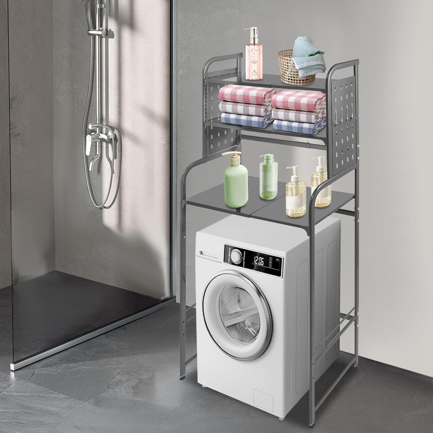 Over The Washer and Dryer Storage Shelf with Adjustable Shelf, 3 Tiers Expandable Over Toilet Storage Rack with Hooks Laundry Organizer Standing Shelf Gray for Laundry Room Bathroom
