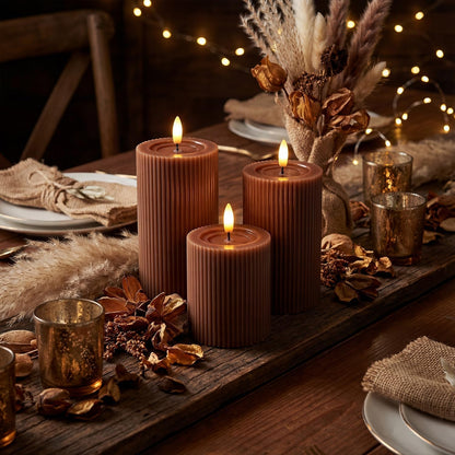 Fluted Ribbed LED Pillar Candles, Cream Beige, with Reflective Melted-Wax Effect – Flickering Flame, Remote, Dimmable, Flameless, Battery Operated, Home & Wedding Decor (Set of 3)