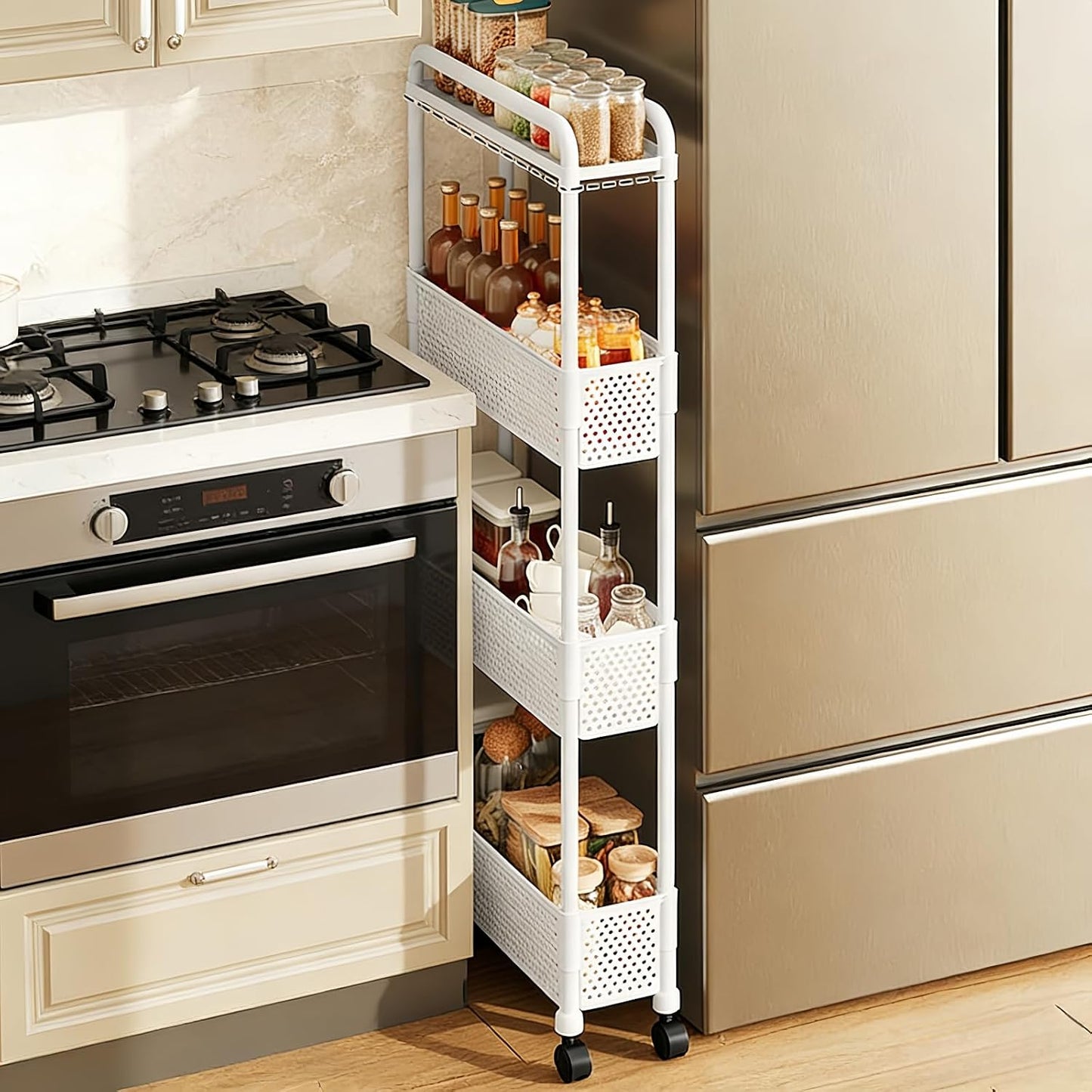 Slim Storage Cart, Plastic Kitchen Gap Storage, Multi-Layer Organizer with 360° Swivel Wheels for Kitchen Bathroom (Black,3 Tier)