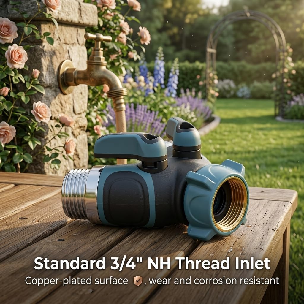 2 Way Garden Hose Splitter, Heavy Duty Metal Y Hose Connector with Shut Off Valves, Dual Outlet Water Spigot Splitter for 3/4" Garden Hose, Leak-Proof Design with Rubberized Grips