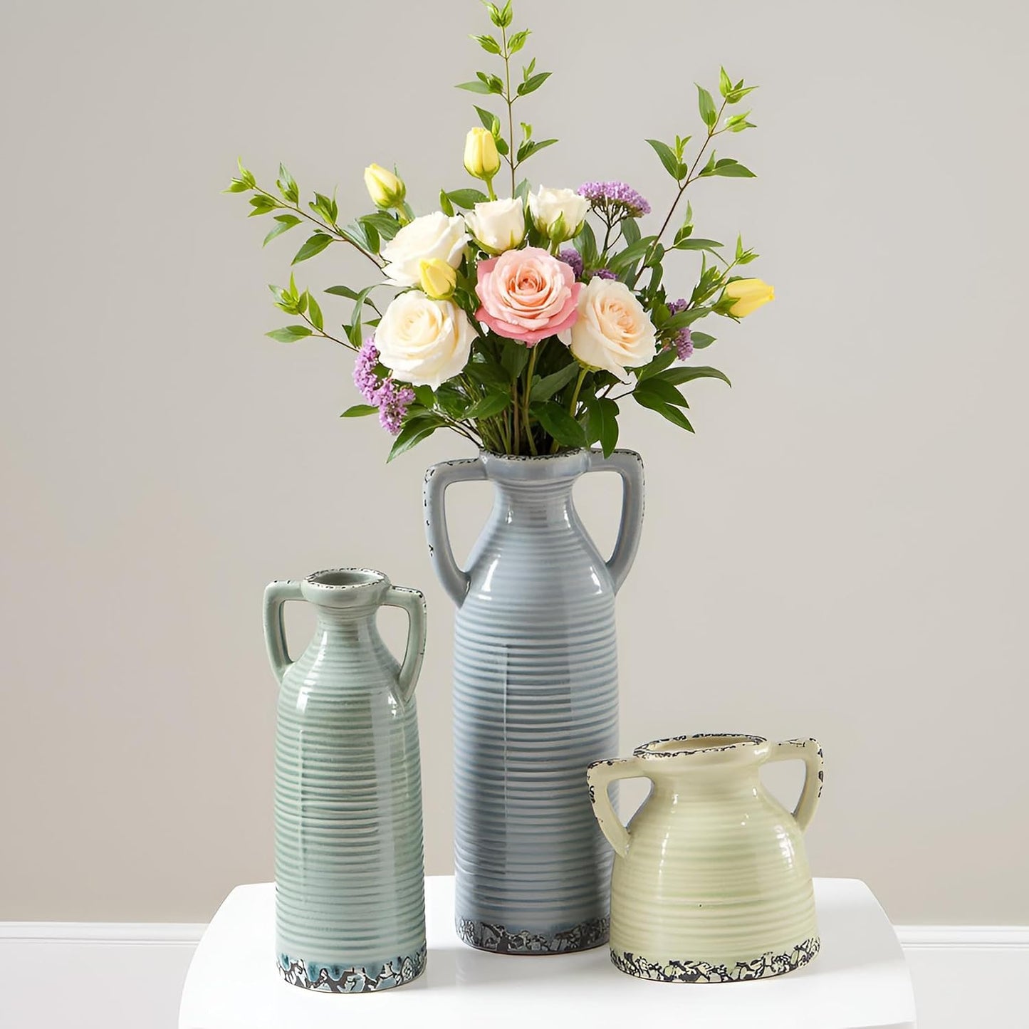 Bud Vase - Flower Vase Set - Decorative Vases - Ceramic Small Vase Set of 3 for Centerpieces - Ice Creak for Decor - Modern Decoration Vases for Home Farmhouse Table Office, Mini Vase by Lyeec