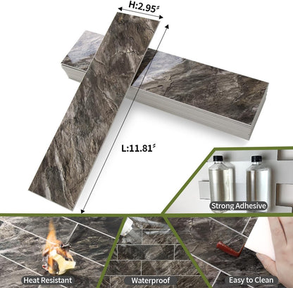 AULIGET 40-Piece Polished White Marble with Gold Peel and Stick Backsplash Wall Tiles, 3" x 12" PVC Faux Stone Stick on Tiles for Backsplash Kitchen, Bathroom, Laundry Room, Camper, Fireplace