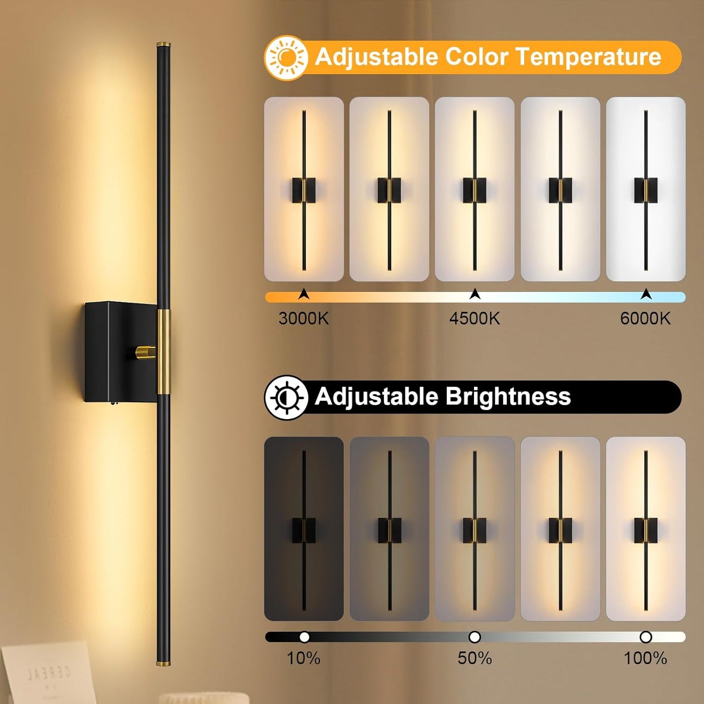 Battery Operated Wall Sconce Set of Two with Remote Control, 3000K-6000K Dimmable Black Wall Lights, Timable LED Wireless Wall Sconces, 350° Ratate for Bathroom, Living Room, Hallway 29.1 Inch