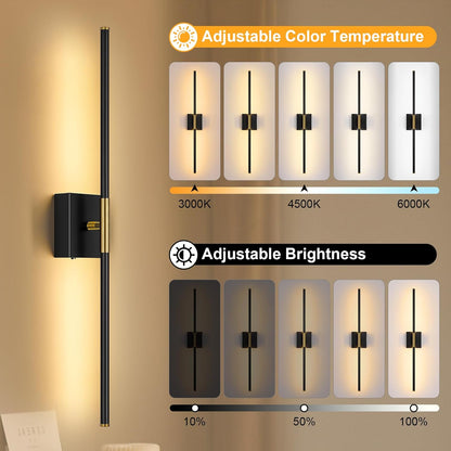 Battery Operated Wall Sconce Set of Two with Remote Control, 3000K-6000K Dimmable Black Wall Lights, Timable LED Wireless Wall Sconces, 350° Ratate for Bathroom, Living Room, Hallway 29.1 Inch
