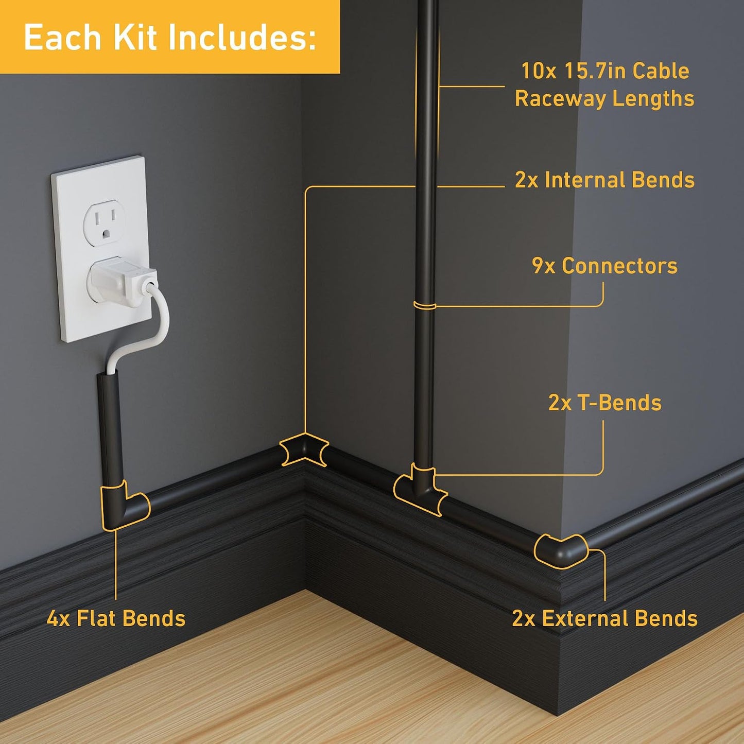 D-Line 157in Cord Cover Kit, Self-Adhesive Wire Hiders, Cable Raceway to Hide Wires on Wall, Electrical Cable Management - 10x 15.7 Lengths & 19 Accessories - 1.18" (W) x 0.59" (H) - Black