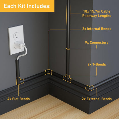 D-Line 157in Cord Cover Kit, Self-Adhesive Wire Hiders, Cable Raceway to Hide Wires on Wall, Electrical Cable Management - 10x 15.7 Lengths & 19 Accessories - 1.18" (W) x 0.59" (H) - Black