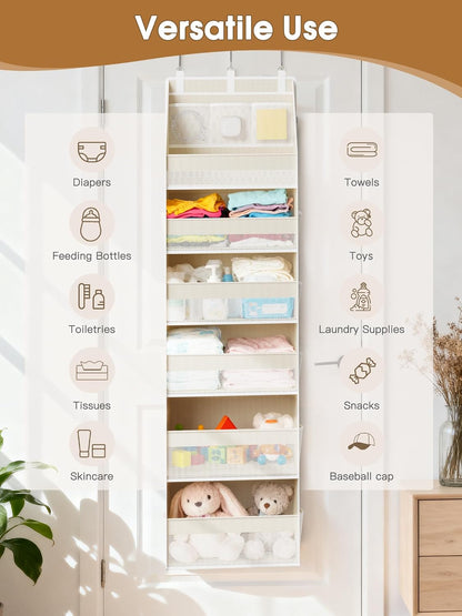 Criusia Over The Door Organizer, Heavy-Duty 6-Shelf Hanging Storage with 13 Mesh Pockets, 55lbs Capacity Behind The Door Storage for Nursery, Bathroom, Bedroom, and Dorm, Grey