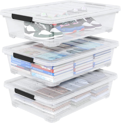 40 Quart Plastic Clear Underbed Storage Bin with Wheels, 3 Packs | Stackable Large Flat Under Bed Organization Boxes with Lids
