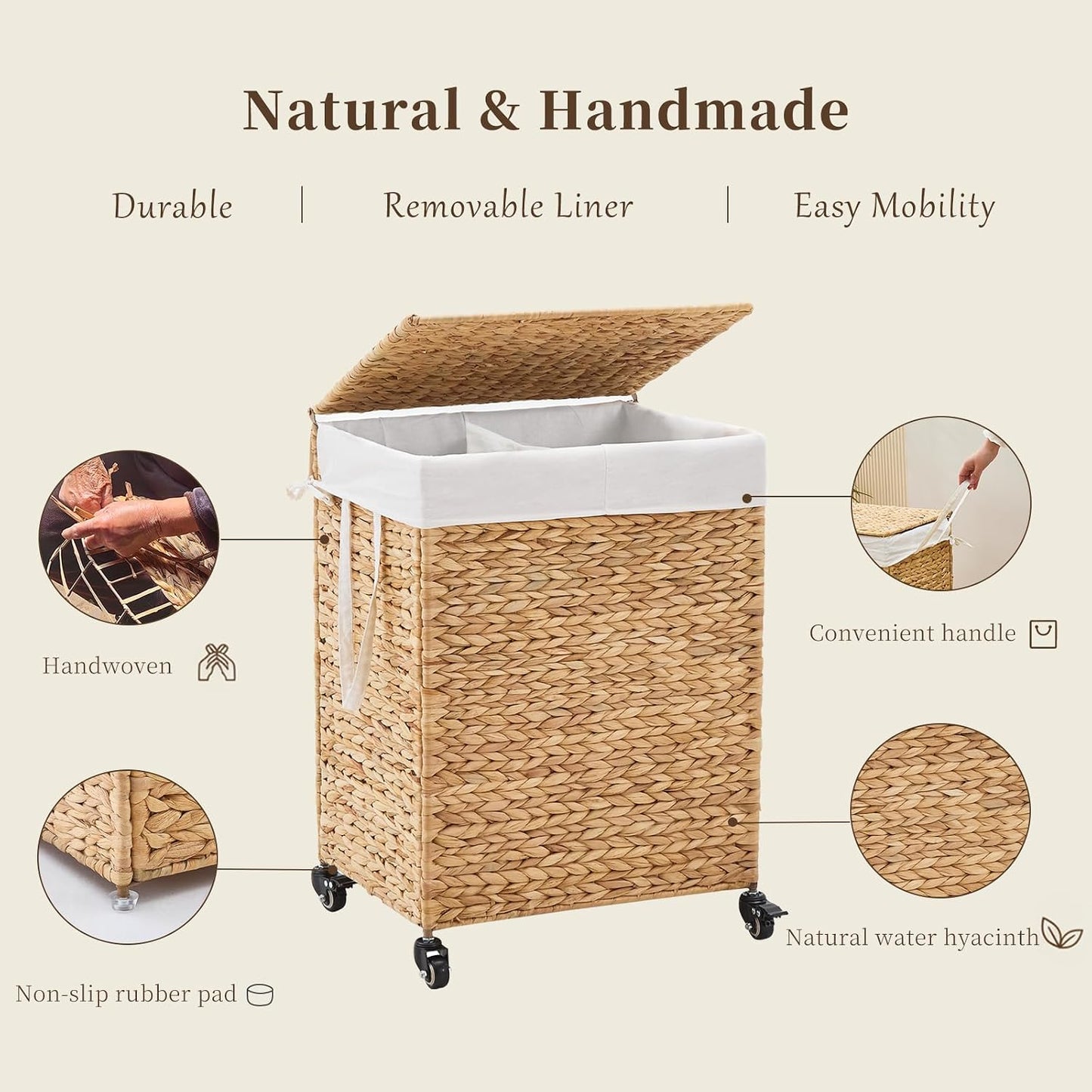 3-Section Laundry Hamper with Lid, Large Capacity Woven Natural Water Hyacinth Laundry Sorter with Removable Liners, Rolling or Non-Slip Design for Bedroom (Natural, 155L)