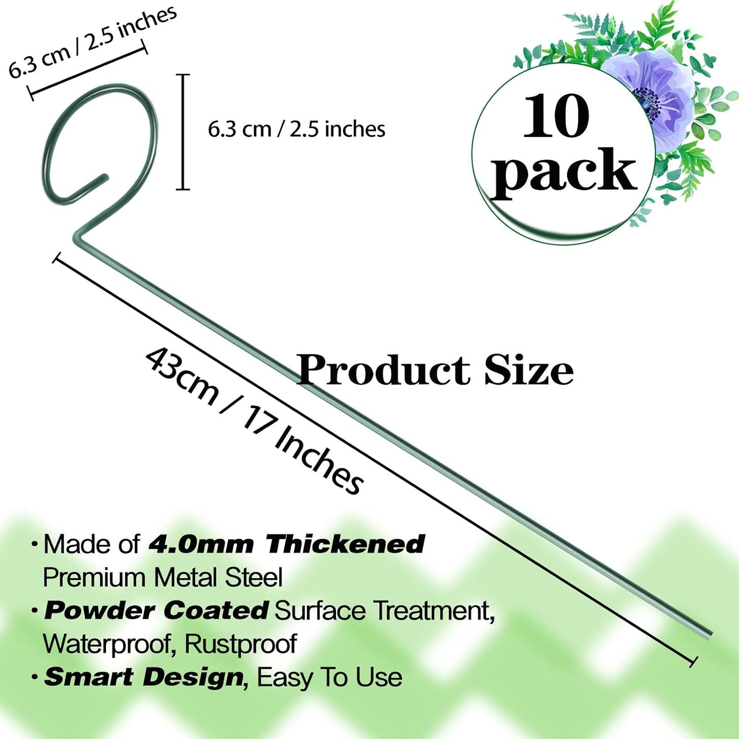 HiGift 17 inch Plant Support Stakes, 4mm Thick Garden Single Stem Flower Support Stake Amaryllis Plant Cage Support Rings with 10 pcs Plant Clips for Tomato Orchid Lily Peony Rose Flower Stem-5 Pack
