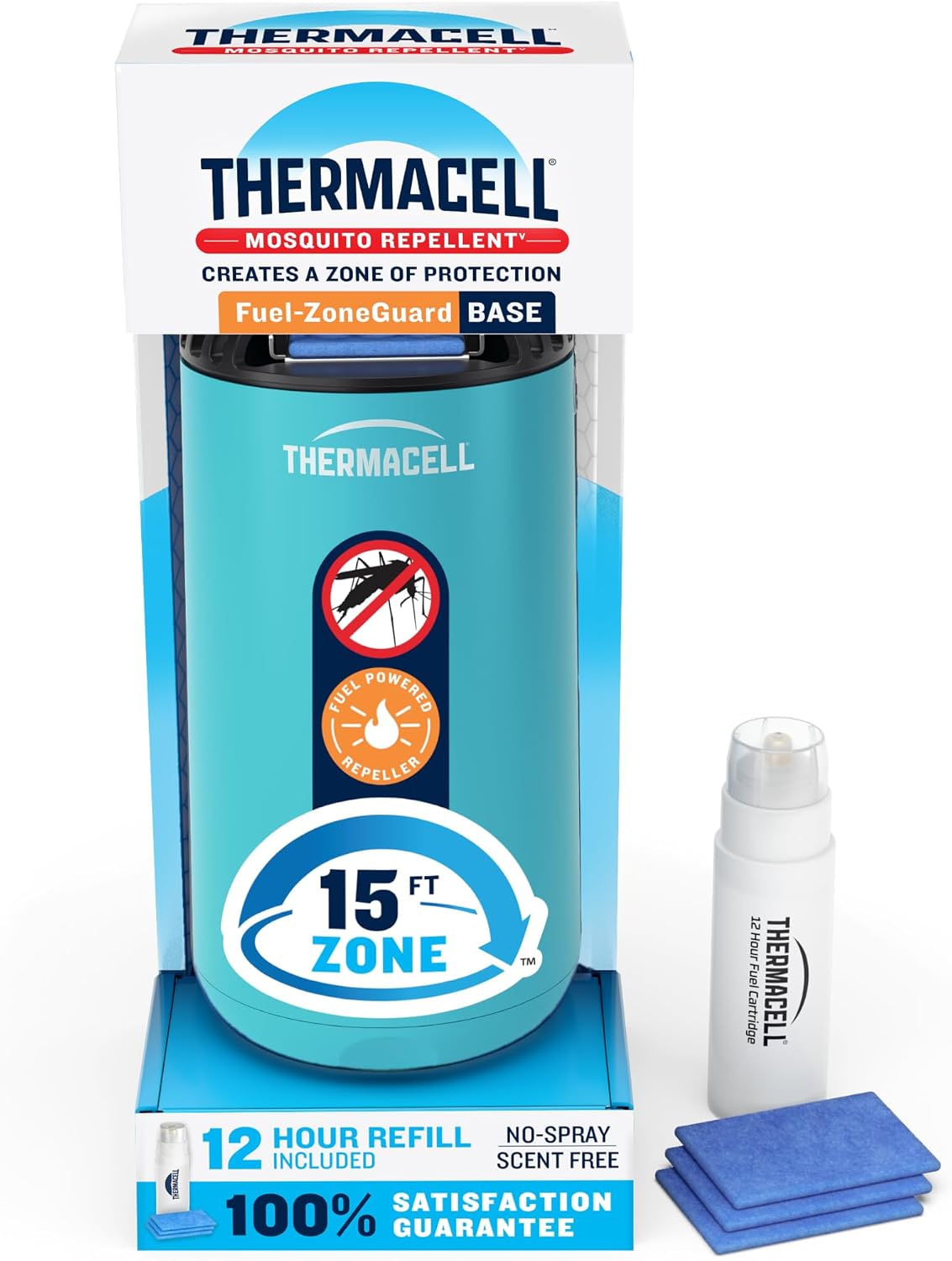 Thermacell Fuel-ZoneGuard Base Fuel Powered Mosquito Repeller; 15-Foot Zone of Scientifically Proven Outdoor Protection; Patio Shield; 12-Hr Refill; DEET-Free; Bug Spray Alternative; Glacial Blue
