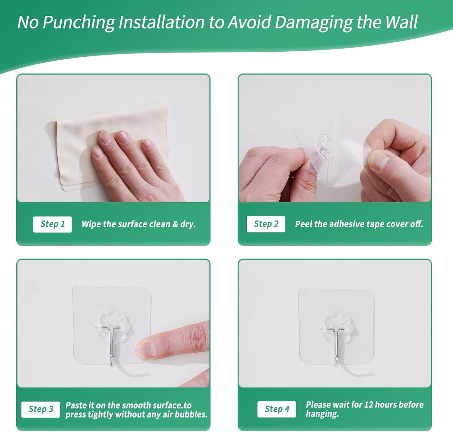 12heavy-Duty Transparent Strong self-Adhesive wall Hooks, Waterproof and Oil-Proof, with a Maximum Load Capacity of 22 pounds, Suitable for Rooms, Kitchens, bathrooms and Toilets