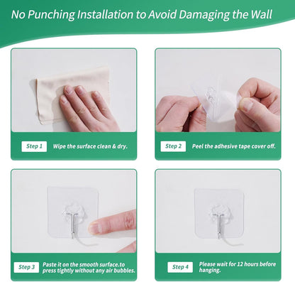 12heavy-Duty Transparent Strong self-Adhesive wall Hooks, Waterproof and Oil-Proof, with a Maximum Load Capacity of 22 pounds, Suitable for Rooms, Kitchens, bathrooms and Toilets