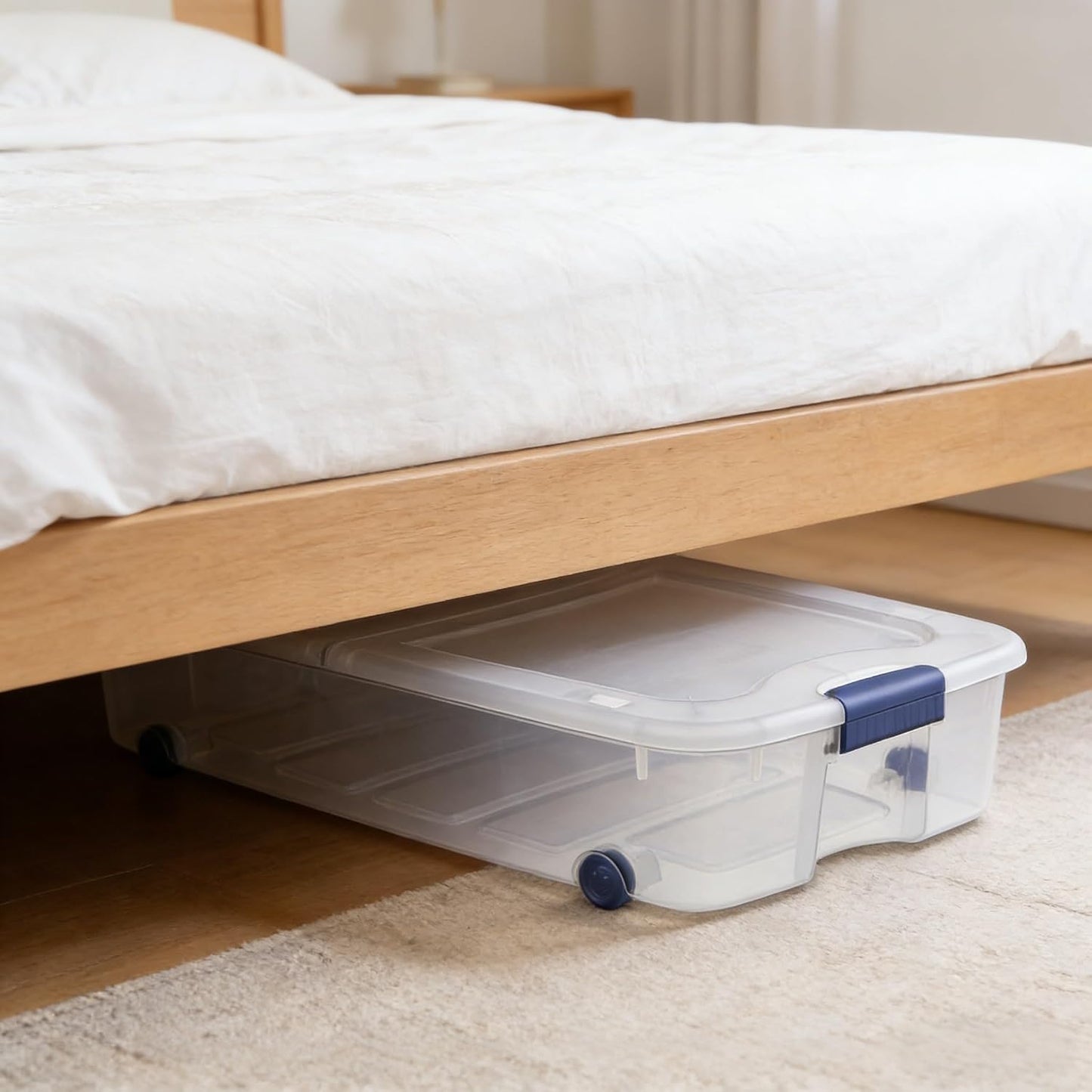 66 Quart Wheeled Latch Box, Clear Underbed Storage Bin with Lid, Blue