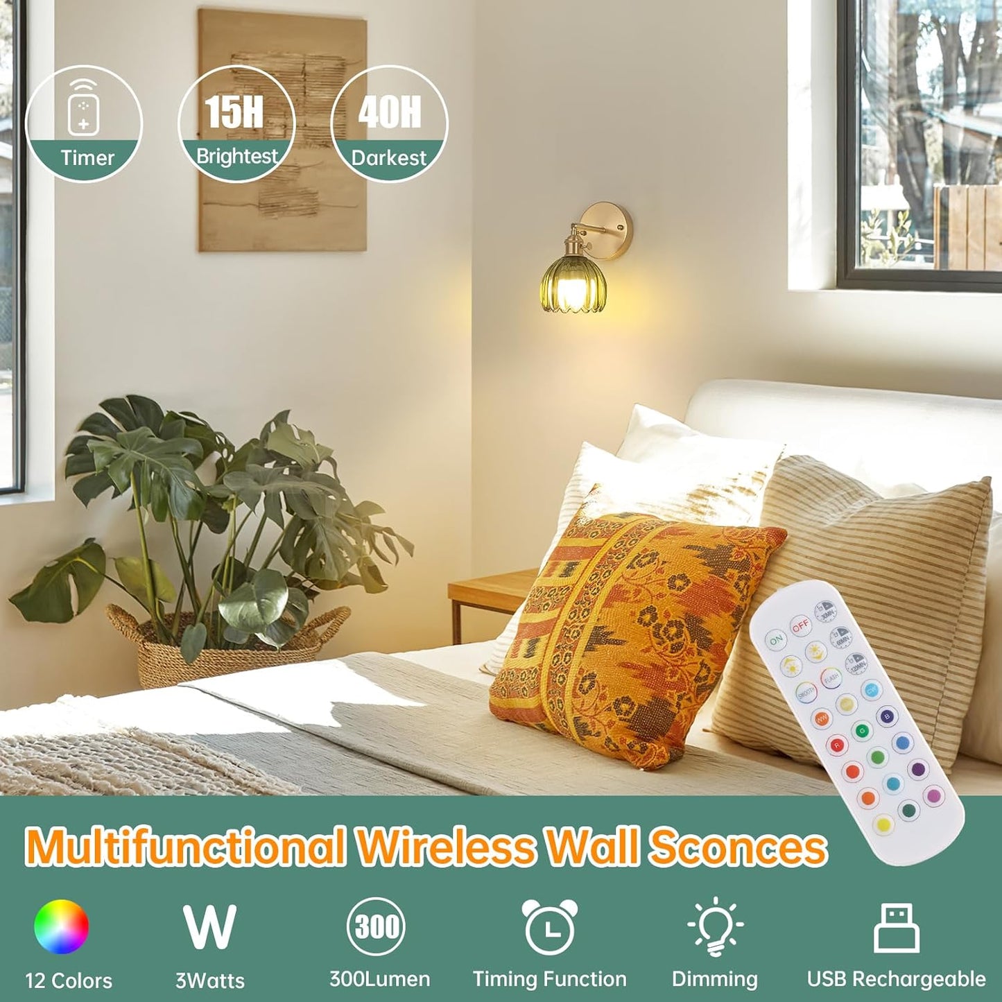 Shenmoyl Vintage Battery Operated Wall Sconce with Transparent Tulip Glass Lampshade Rechargeable Battery Powered Wall Light with Remote Control for Bedside Bedroom Doorway, Set of 2