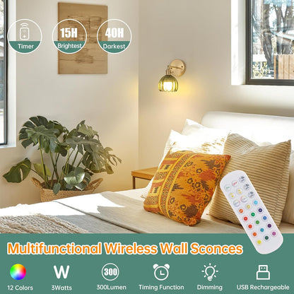 Shenmoyl Vintage Battery Operated Wall Sconce with Transparent Tulip Glass Lampshade Rechargeable Battery Powered Wall Light with Remote Control for Bedside Bedroom Doorway, Set of 2