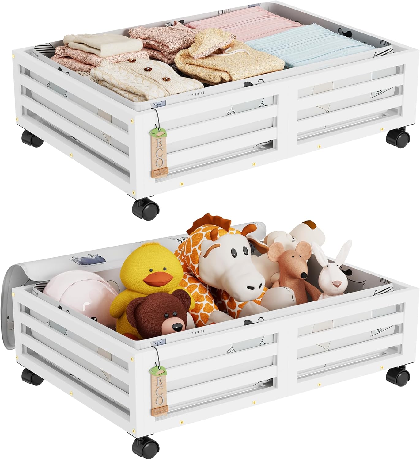 Under Bed Storage with Wheels-Large Bamboo Underbed storage Containers with Large Dust Bag Stackable Under the Bed Shoe Storage Bins for Clothes Books Bedding (2 Packs Nature, 23.62"L×16.54"W× 6.51"H)