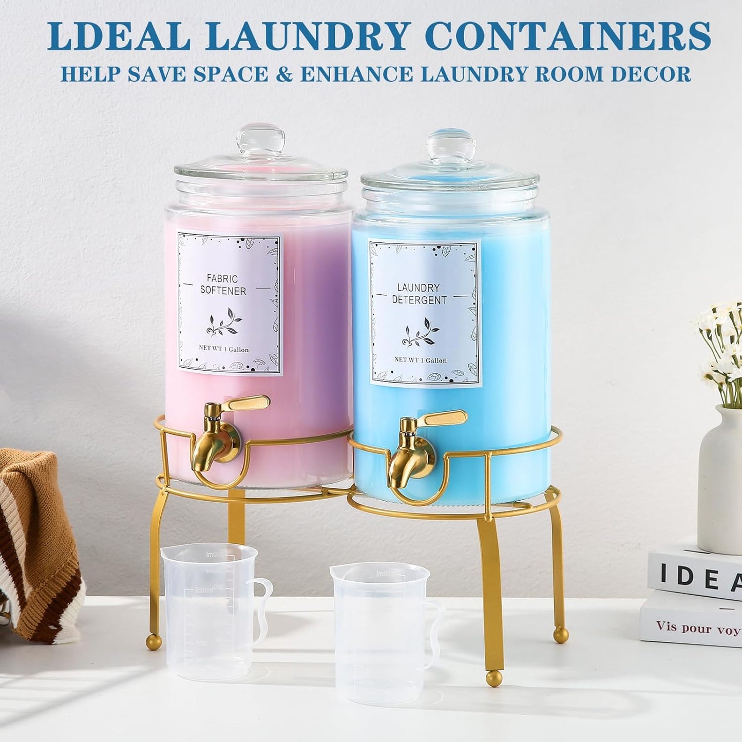 Glass Laundry Detergent Dispenser- 1 Gallon Glass Fabric Softener Dispenser with Leak-Proof Stainless Steel Faucet & Stand. Large Laundry Soap Container for Washer Room Organization &Storage