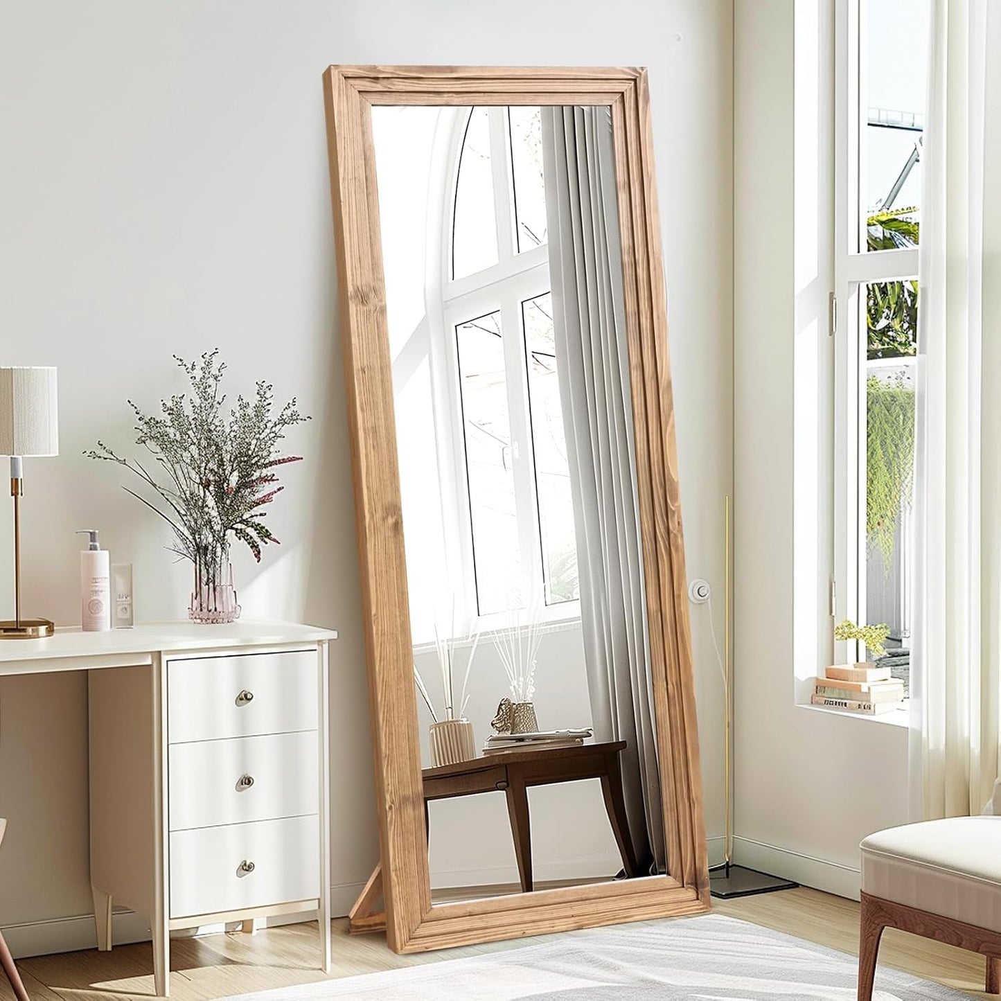 65"x22" Full Length Mirror Solid Wood Frame Floor Mirror with Stand for Living Room, Bedroom Hanging Standing or Leaning, Brown