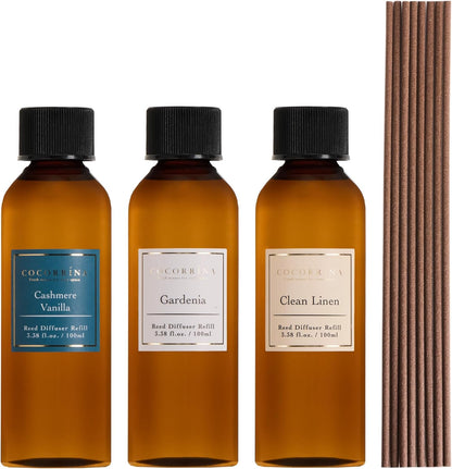 COCORRÍNA Reed Diffuser Refill Set, 10.2oz Scented Oil Refill 3 Pack, Clean Linen, Ocean Mist, Eucalyptus & Moss, Long Lasting Oil Diffuser Refill with 18 Sticks for Bathroom & Bedroom