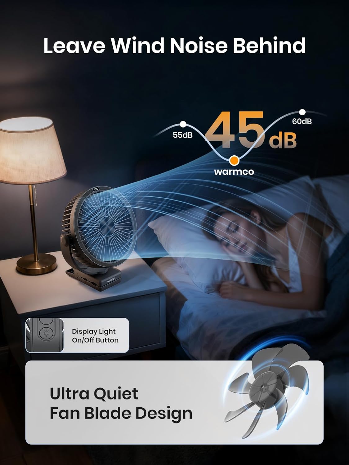 Warmco 10000mAh Rechargeable Clip on Fan, 8 Inch Desk Fan for Camping | 8-26H Runtime, USB-C Two-Way Charging, 360° Adjustable, 3-in-1 Clip Hook Desk Use, 4 Speeds, Washable Grille