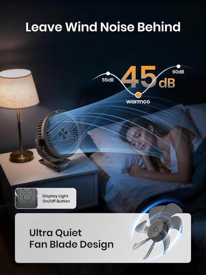 Warmco 10000mAh Rechargeable Clip on Fan, 8 Inch Desk Fan for Camping | 8-26H Runtime, USB-C Two-Way Charging, 360° Adjustable, 3-in-1 Clip Hook Desk Use, 4 Speeds, Washable Grille
