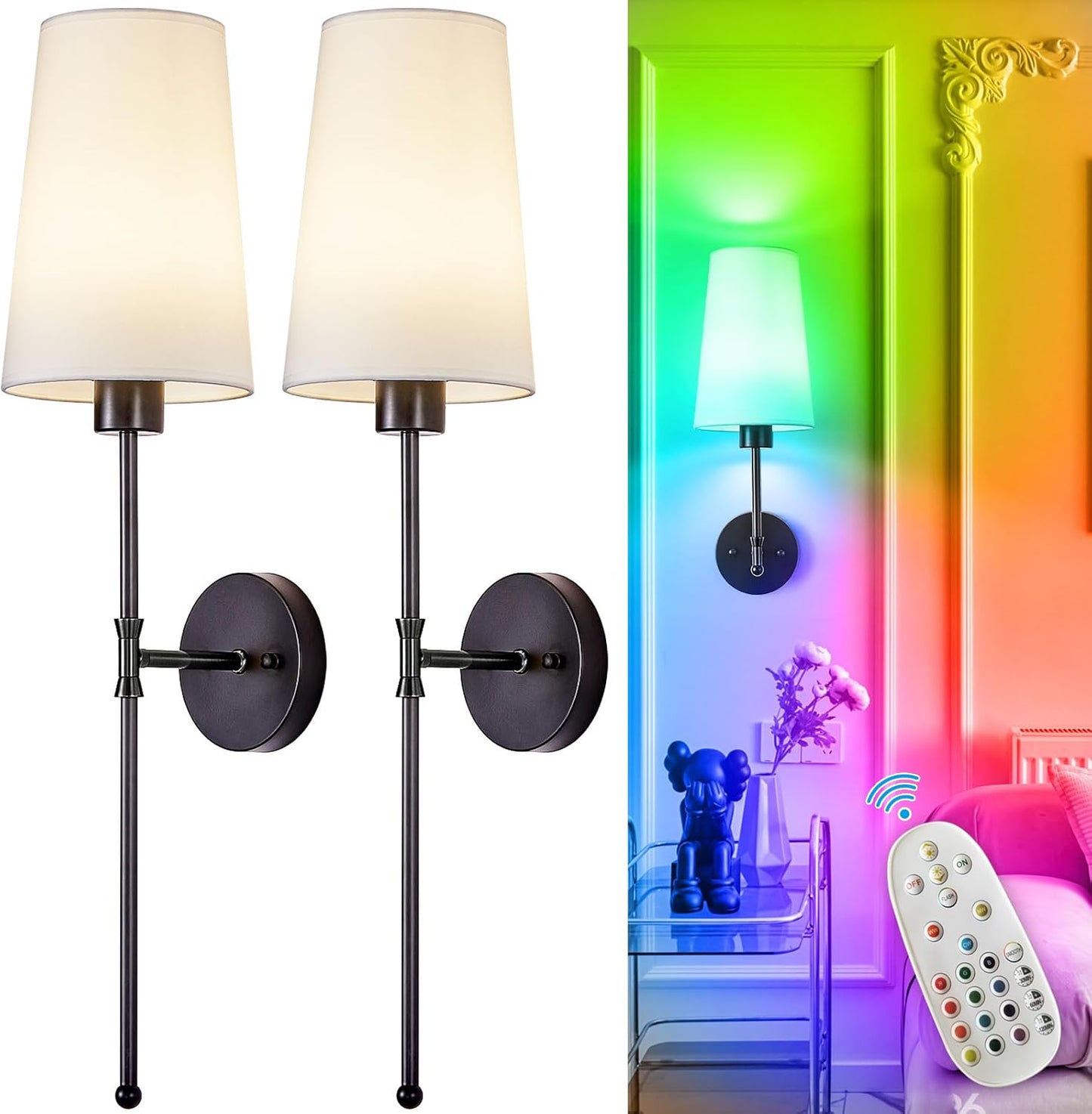 Depuley Battery Operated Wall Sconce: Set of 2 Wireless Wall Lights with 10000mAh Dimmable Bulbs and Remote for Bedroom - Rechargeable 15 Colors Gold Wall Lamp for Living Room Hallway