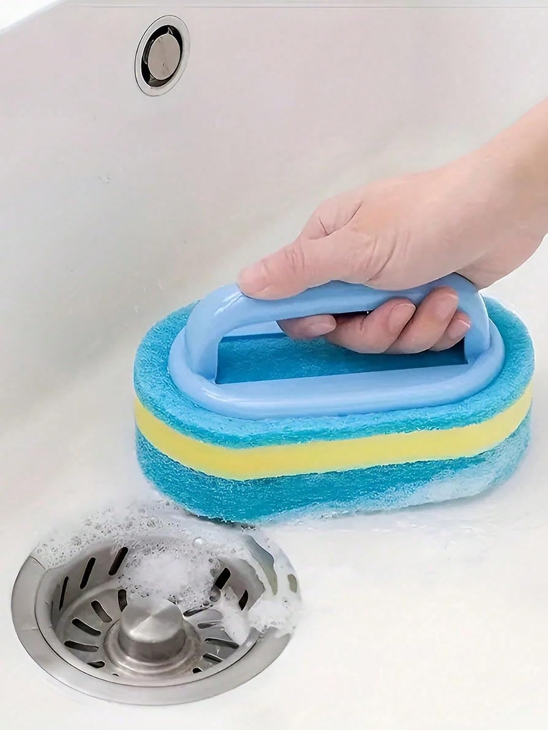 Ergonomic Long Handle Sponge Brush Set Durable Scouring 3 Pack Pad Shower Scrubber for Bathroom Bathtub Tile Grout Kitchen Sink Pot Cleaning Tool Non Scratch Heavy Duty Wand (Hot Pink)