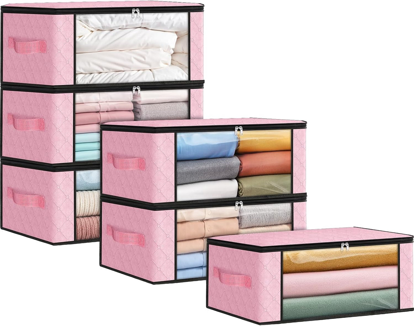 Fab totes 6 Pack Storage Bags for Clothes and Blanket, Foldable Closet Organizers and Storage with Zippers, Clear Window and Handles, Fabric Storage Bins for Sweater, Comforter, Bedding,Linen Sheets
